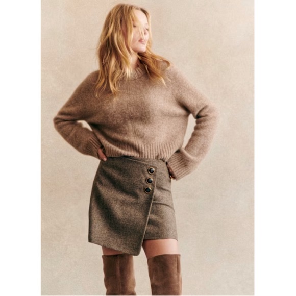 SEZANE Taupe Brown Wool Faux Wrap Mini Skirt Neutral Button Peter Skirt Sz 4 - Picture 12 of 12